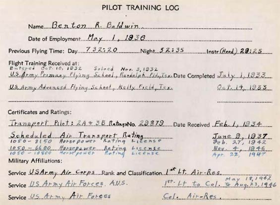 Training Summary From UAL Training Log, May 11, 1935 to November 5, 1942 (Source: Baldwin Family)